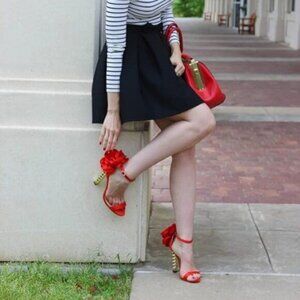 FSJ Orange Flower Gold Metal Chain Chunky High Heels Ankle Strap Dressy Sandals